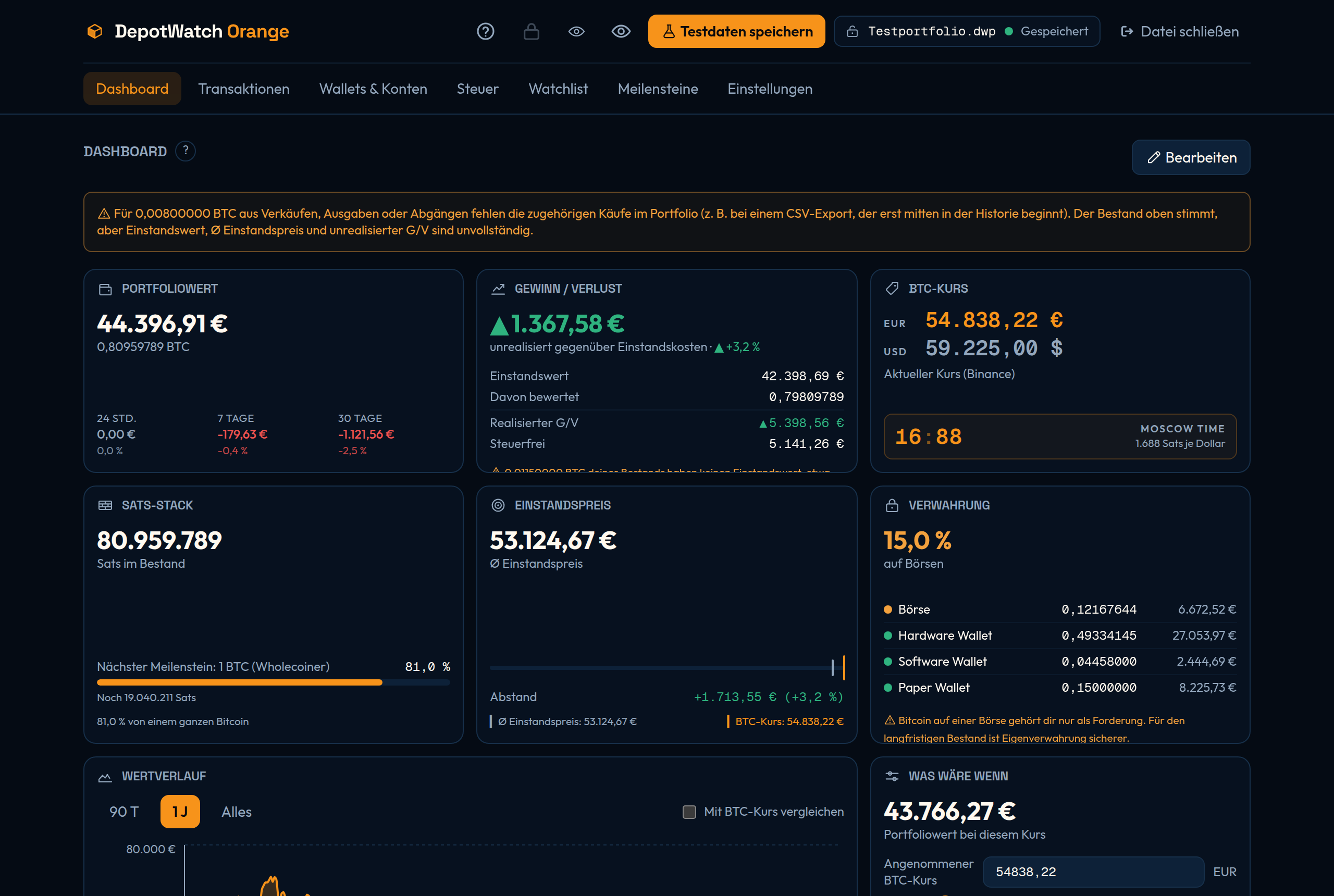 Das Dashboard mit Kacheln für Portfoliowert, Gewinn und Verlust, BTC-Kurs, Sats-Stack, Einstandspreis und Verwahrung